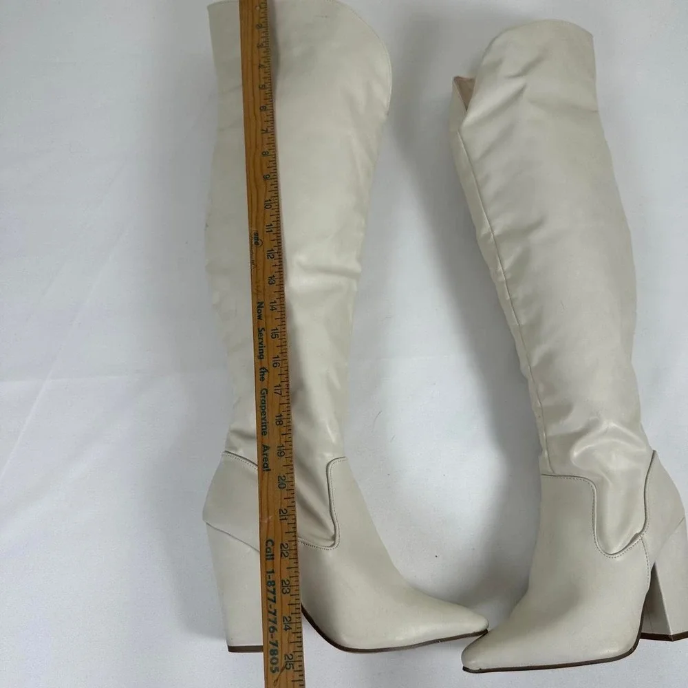 Cream leather knee high boots with block heel size 9